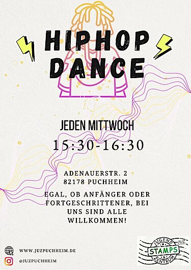 Flyer zum Hip-Hop-Tanzunterricht des Jugendzentrums STAMPS für Puchheimer Jugendliche Flyer zum Hip-Hop-Tanzunterricht des Jugendzentrums STAMPS für Puchheimer Jugendliche
